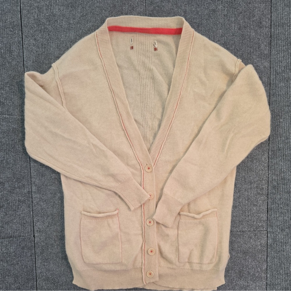 Anthropologie Pilcro Kelly Boyfriend Cashmere Cardigan Cream/Coral Stitch Sz M